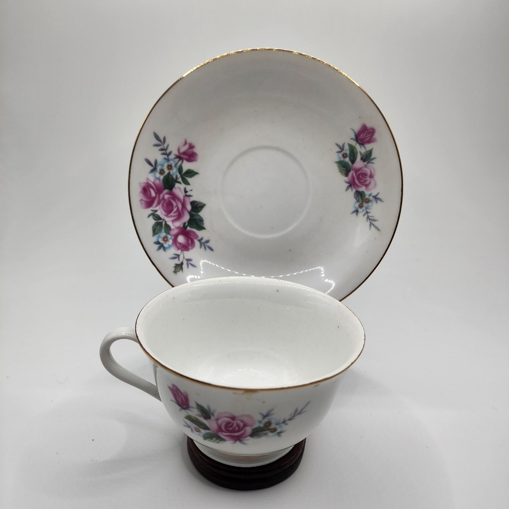 Vintage Pink Rose Floral Pattern and Gold Trim Teacup and Saucer Set